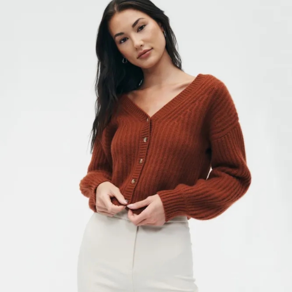 Naadam Super Luxe Fisherman Balloon Sleeve Cardigan - Rust / XS